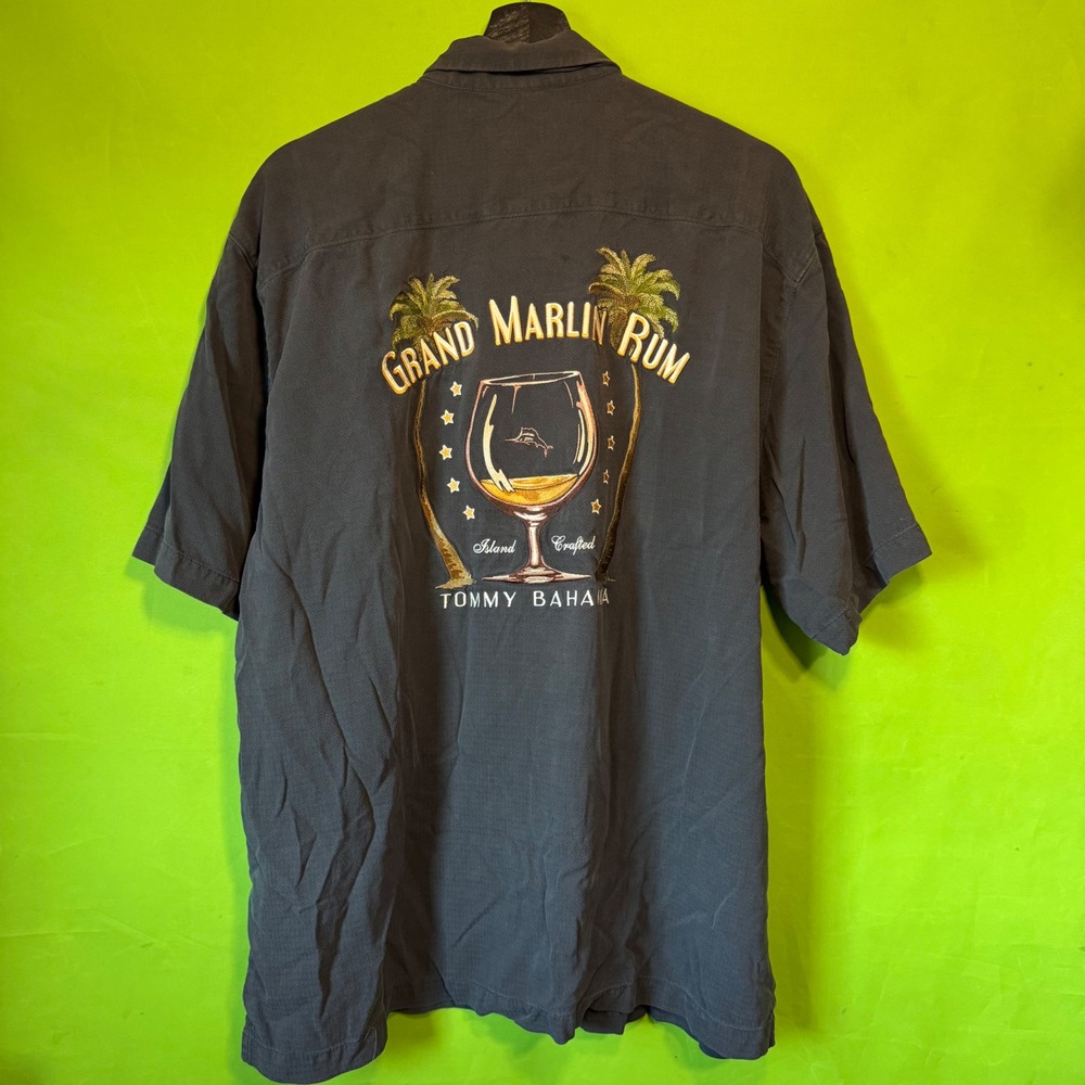 Tommy Bahama Grand Marlin Rum Silk Shirt Mens XL Charcoal Grey Embroidered Camp